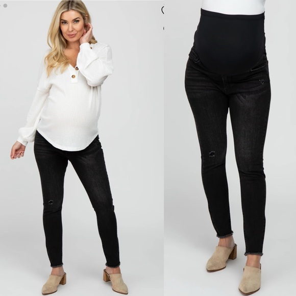 Pinkblush Faded Black Distressed Raw Hem Full Panel Maternity Jeans - Picture 10 of 10